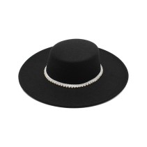 Pearl Embellished Flat Top Wide Brim Fedora Hat
