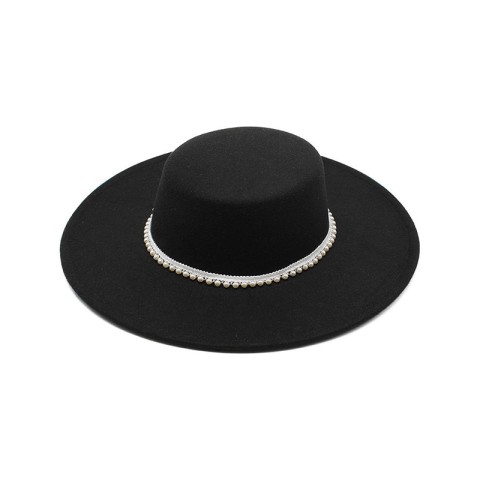Pearl Embellished Flat Top Wide Brim Fedora Hat