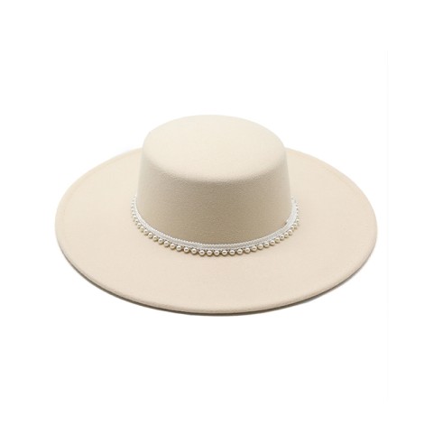 Pearl Embellished Flat Top Wide Brim Fedora Hat
