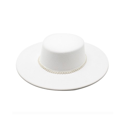 Pearl Embellished Flat Top Wide Brim Fedora Hat