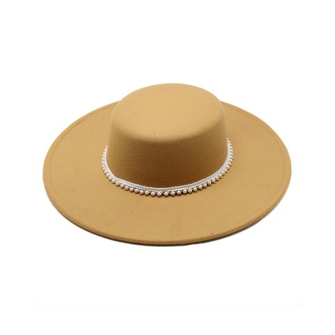 Pearl Embellished Flat Top Wide Brim Fedora Hat