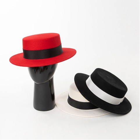 Wool Felt Boater Hat with Ribbon