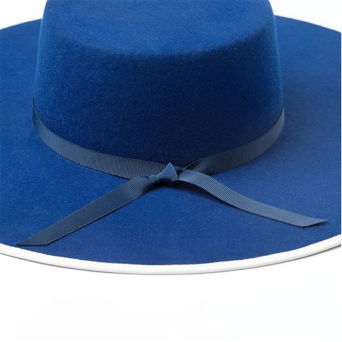 100% Wool Felt Wide-Brimmed Boater Hat with Ribbon Bow