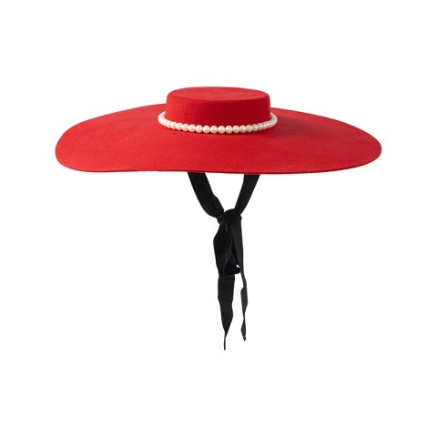 Extra Wide Boater Wool Felt Hat with Pearl Chain and Ribbon
