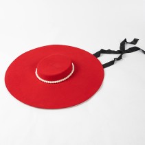 Extra Wide Boater Wool Felt Hat with Pearl Chain and Ribbon