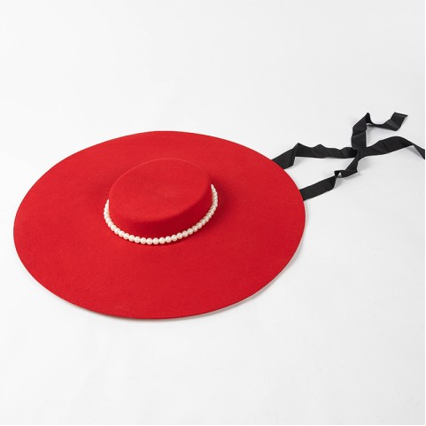 Extra Wide Boater Wool Felt Hat with Pearl Chain and Ribbon