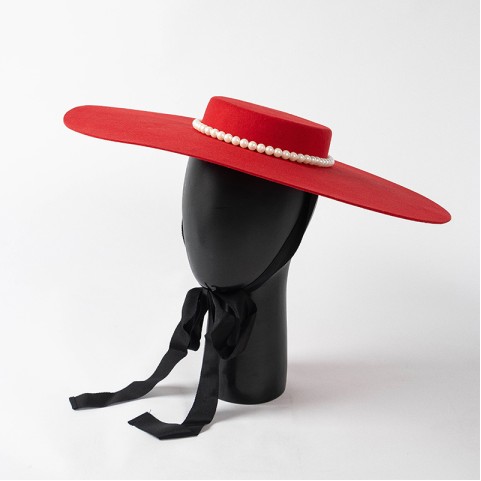 Extra Wide Boater Wool Felt Hat with Pearl Chain and Ribbon