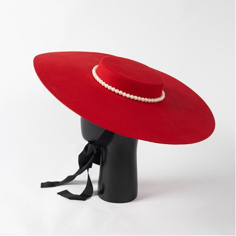 Extra Wide Boater Wool Felt Hat with Pearl Chain and Ribbon