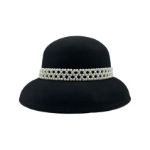Pearl Embellished Wool Felt Round Top Wide Brim Hat