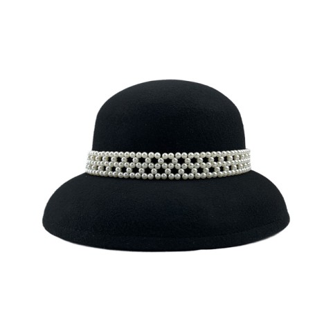 Pearl Embellished Wool Felt Round Top Wide Brim Hat