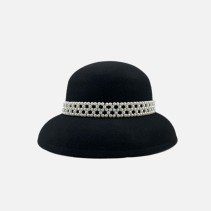 Pearl Embellished Wool Felt Round Top Wide Brim Hat