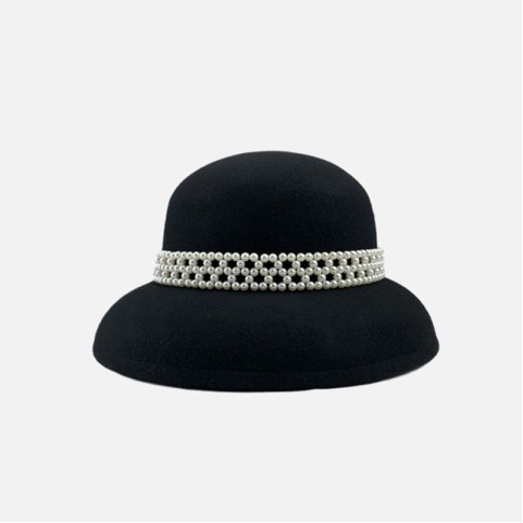 Pearl Embellished Wool Felt Round Top Wide Brim Hat