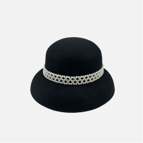 Pearl Embellished Wool Felt Round Top Wide Brim Hat