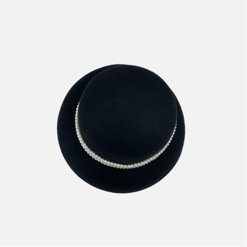 Pearl Embellished Wool Felt Round Top Wide Brim Hat