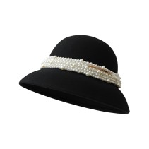 French Pearl Embellished Wide Brim Wool Dress Hat