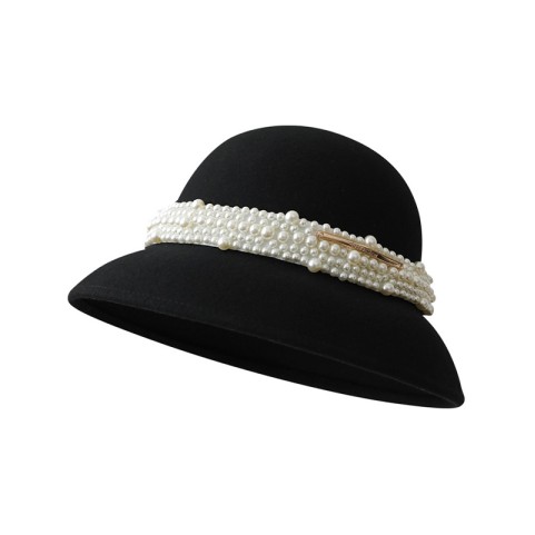 French Pearl Embellished Wide Brim Wool Dress Hat