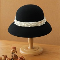 French Pearl Embellished Wide Brim Wool Dress Hat