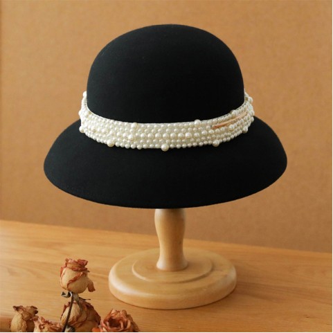 French Pearl Embellished Wide Brim Wool Dress Hat