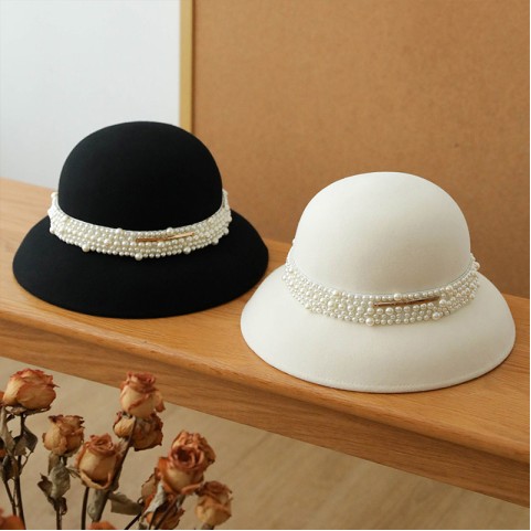 French Pearl Embellished Wide Brim Wool Dress Hat