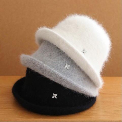 Turned-Brim Rabbit Hair Blend Bucket Hat