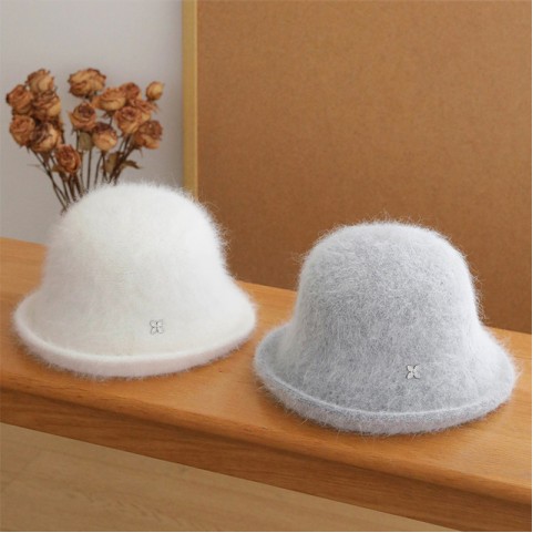 Turned-Brim Rabbit Hair Blend Bucket Hat