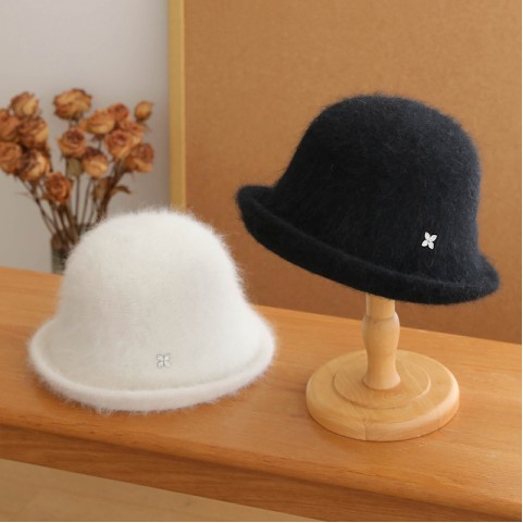 Turned-Brim Rabbit Hair Blend Bucket Hat