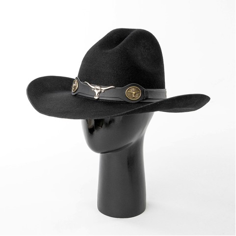 100% Wool Felt Cowboy Hat — Wide-Brimmed Felt Hat with Bull Head Band