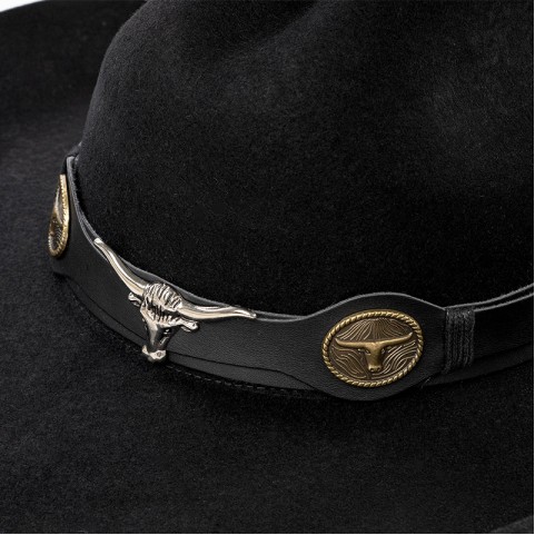 100% Wool Felt Cowboy Hat — Wide-Brimmed Felt Hat with Bull Head Band