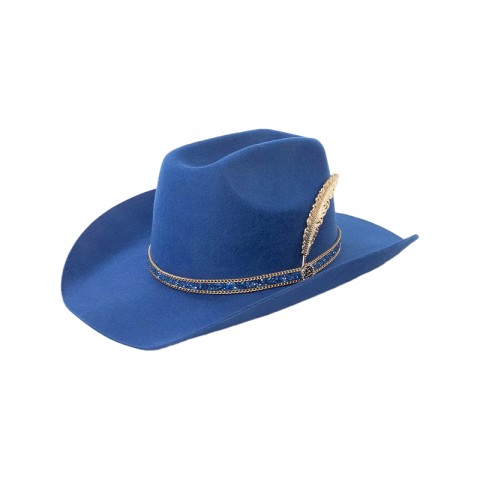 Wool Felt Cowboy Hat with Faux Diamond Chain and Metal Feather Accent
