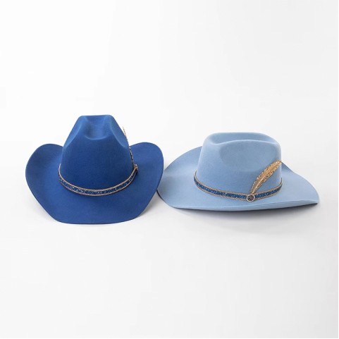 Wool Felt Cowboy Hat with Faux Diamond Chain and Metal Feather Accent