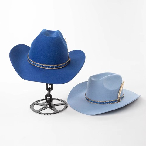 Wool Felt Cowboy Hat with Faux Diamond Chain and Metal Feather Accent