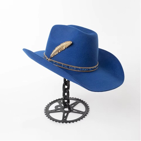 Wool Felt Cowboy Hat with Faux Diamond Chain and Metal Feather Accent
