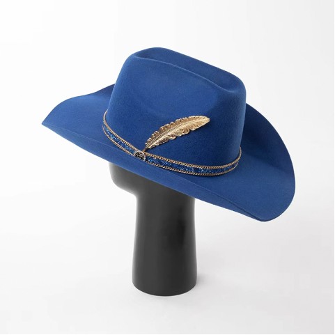 Wool Felt Cowboy Hat with Faux Diamond Chain and Metal Feather Accent