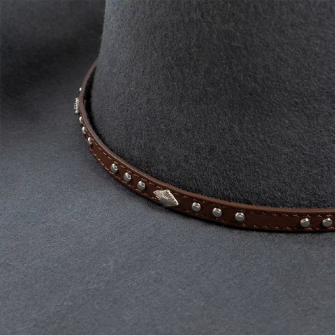 Wide-Brimmed Felt Hat with Riveted Belt