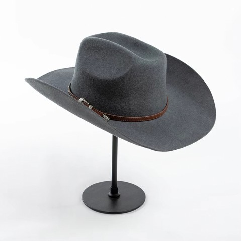 Wide-Brimmed Felt Hat with Riveted Belt