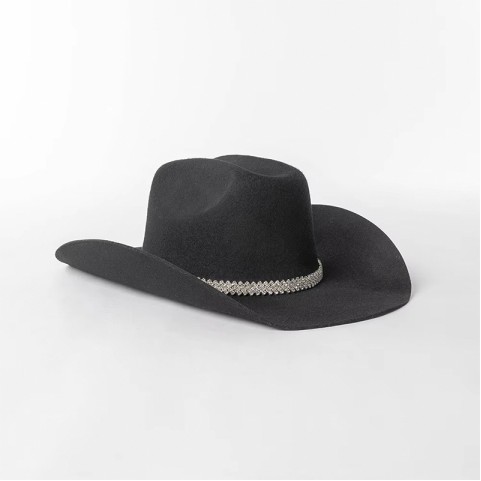 100% Wool Felt Cowboy Hat with Rhinestone Chain and Wide Brim