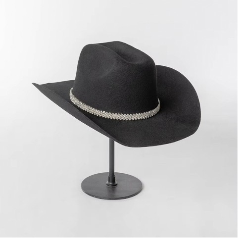100% Wool Felt Cowboy Hat with Rhinestone Chain and Wide Brim