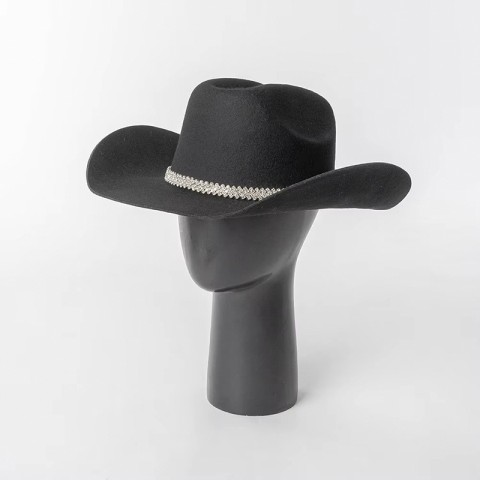 100% Wool Felt Cowboy Hat with Rhinestone Chain and Wide Brim