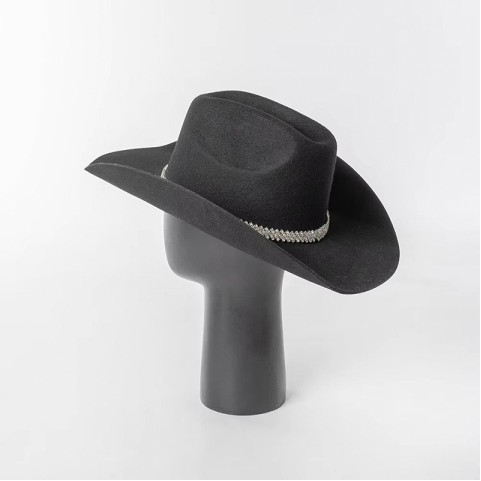 100% Wool Felt Cowboy Hat with Rhinestone Chain and Wide Brim