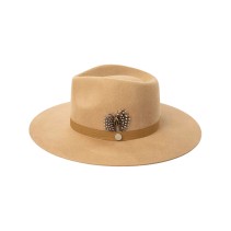 Wide Brim Wool Felt Fedora Hat with Ribbon Feather Decoration