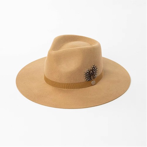 Wide Brim Wool Felt Fedora Hat with Ribbon Feather Decoration
