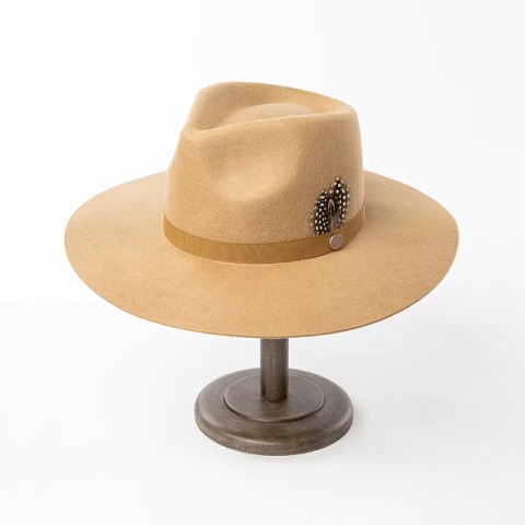 Wide Brim Wool Felt Fedora Hat with Ribbon Feather Decoration