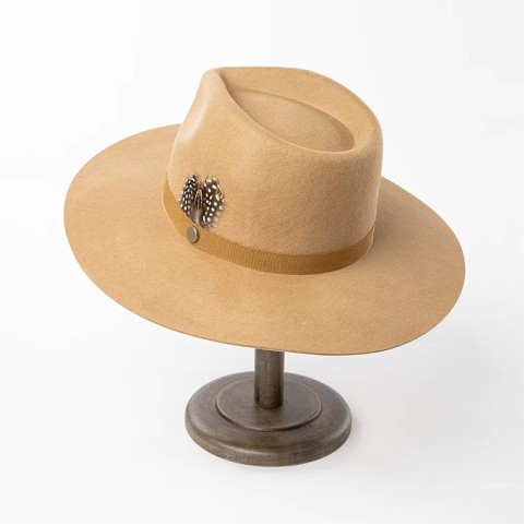 Wide Brim Wool Felt Fedora Hat with Ribbon Feather Decoration