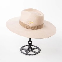 Embroidered Heart Shape Wide Brim Wool Felt Fedora Hat