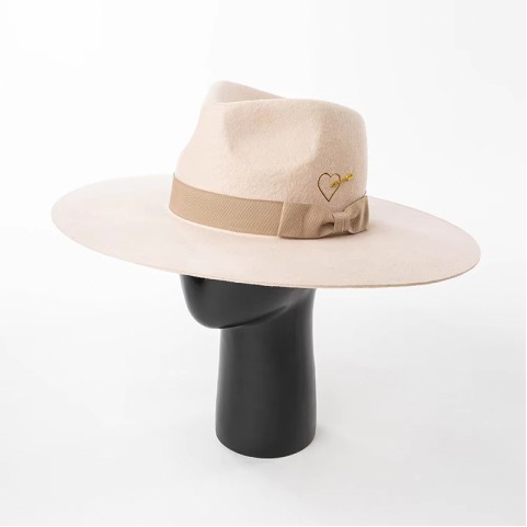 Embroidered Heart Shape Wide Brim Wool Felt Fedora Hat