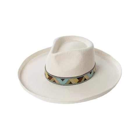 Embroidered Ribbon Wide Brim Fedora Hat