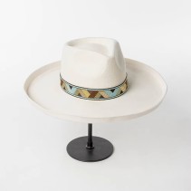 Embroidered Ribbon Wide Brim Fedora Hat