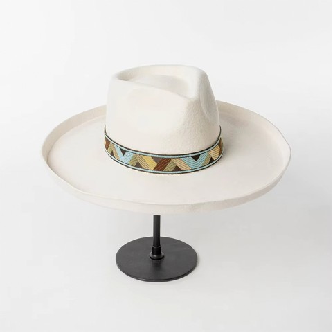 Embroidered Ribbon Wide Brim Fedora Hat