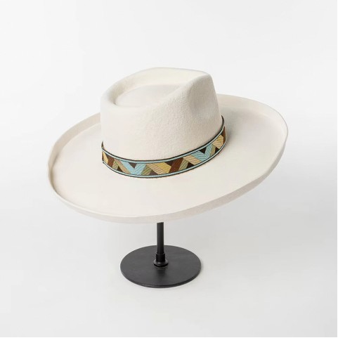 Embroidered Ribbon Wide Brim Fedora Hat
