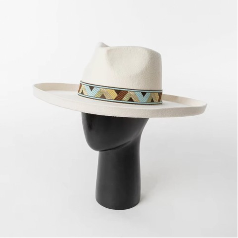 Embroidered Ribbon Wide Brim Fedora Hat